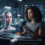 Una mujer interactúa con una interfaz holográfica que muestra un metahumano detallado y datos en un laboratorio de investigación nocturno con vistas a una ciudad futurista.