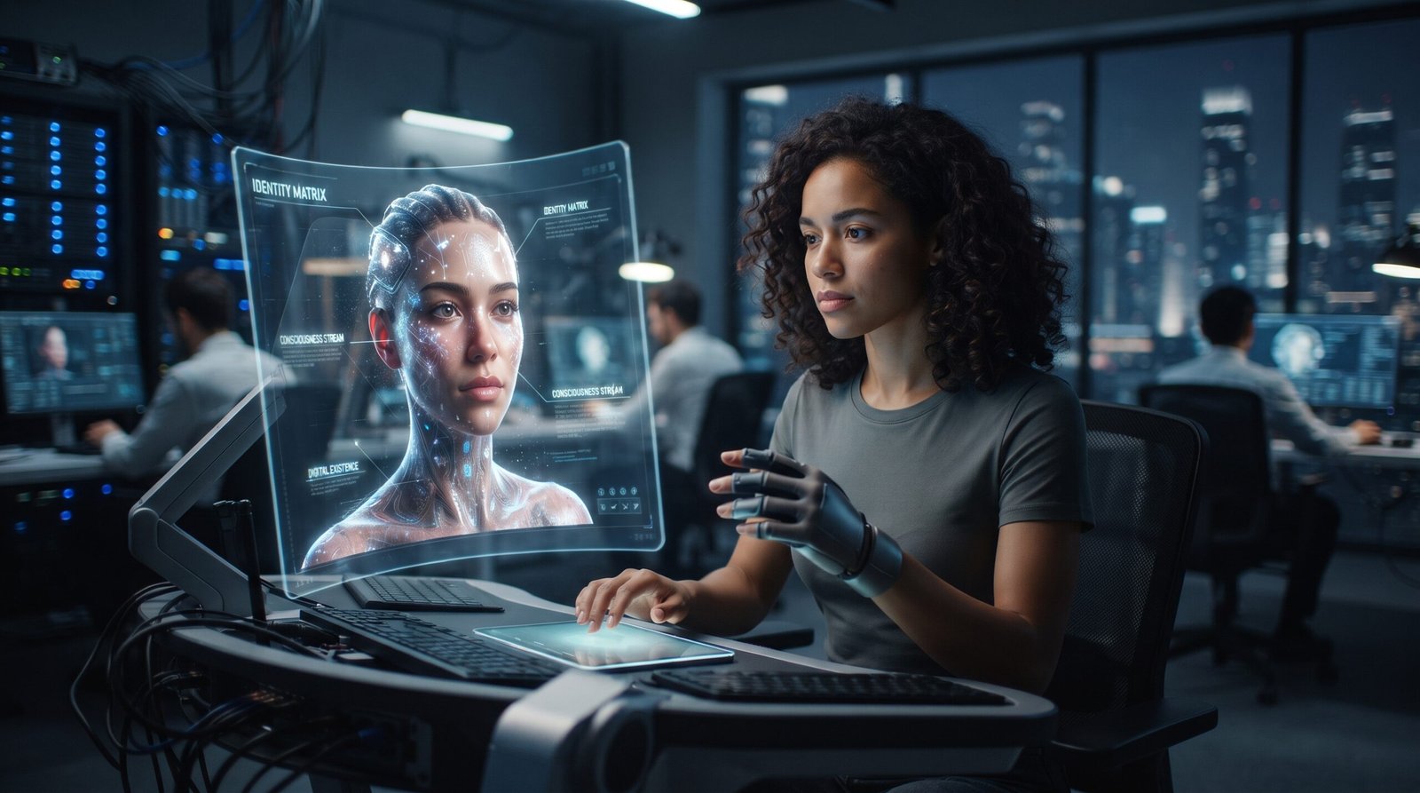 Una mujer interactúa con una interfaz holográfica que muestra un metahumano detallado y datos en un laboratorio de investigación nocturno con vistas a una ciudad futurista.