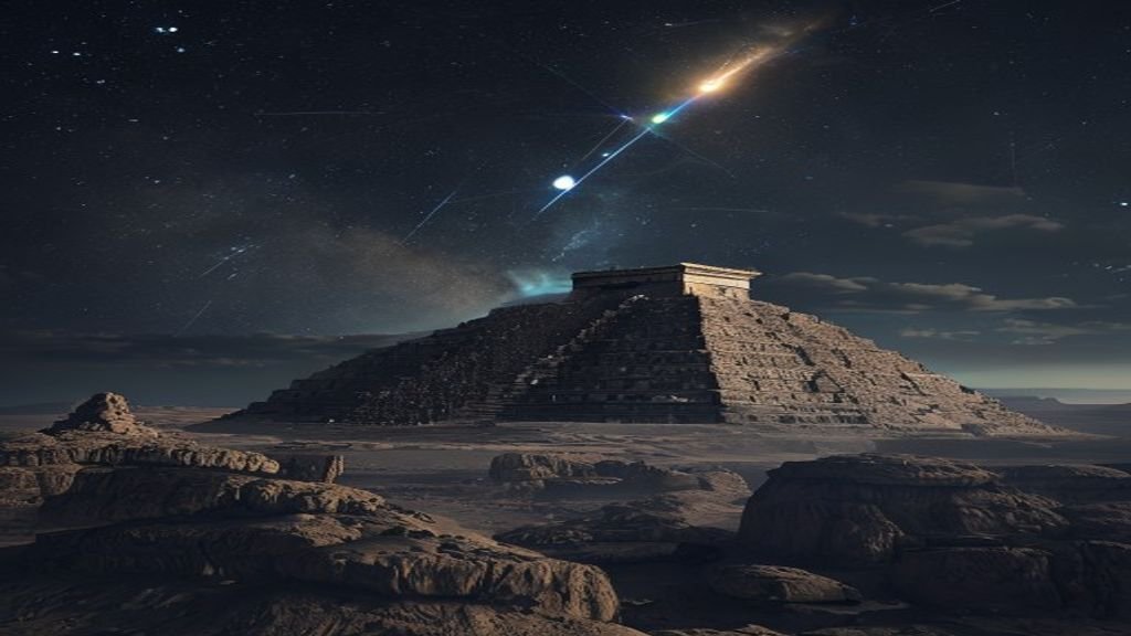 Imagen fotorrealista de una pirámide maya bajo un cielo nocturno estrellado con alineación celestial y elementos desérticos hopi, simbolizando la convergencia de profecías ancestrales sobre un gran ciclo y el fin de una era.