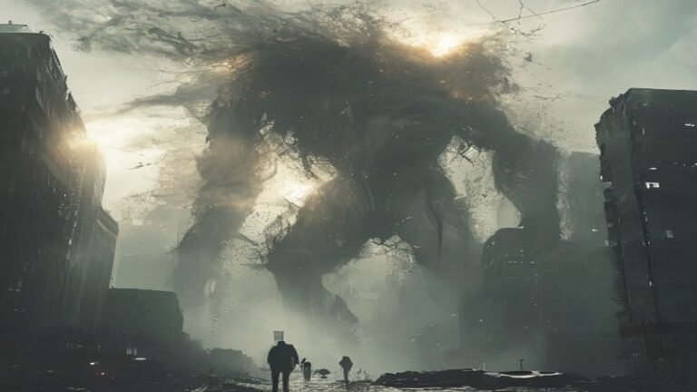 Imagen fotorrealista de una entidad demiúrgica colosal manipulando una realidad urbana, simbolizando el gnosticismo en el cine de terror.