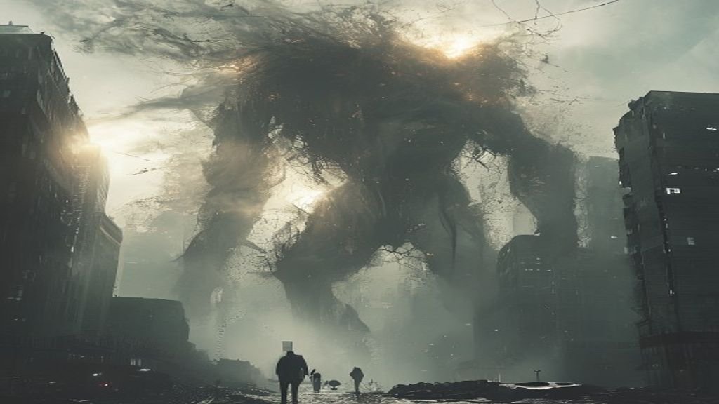 Imagen fotorrealista de una entidad demiúrgica colosal manipulando una realidad urbana, simbolizando el gnosticismo en el cine de terror.