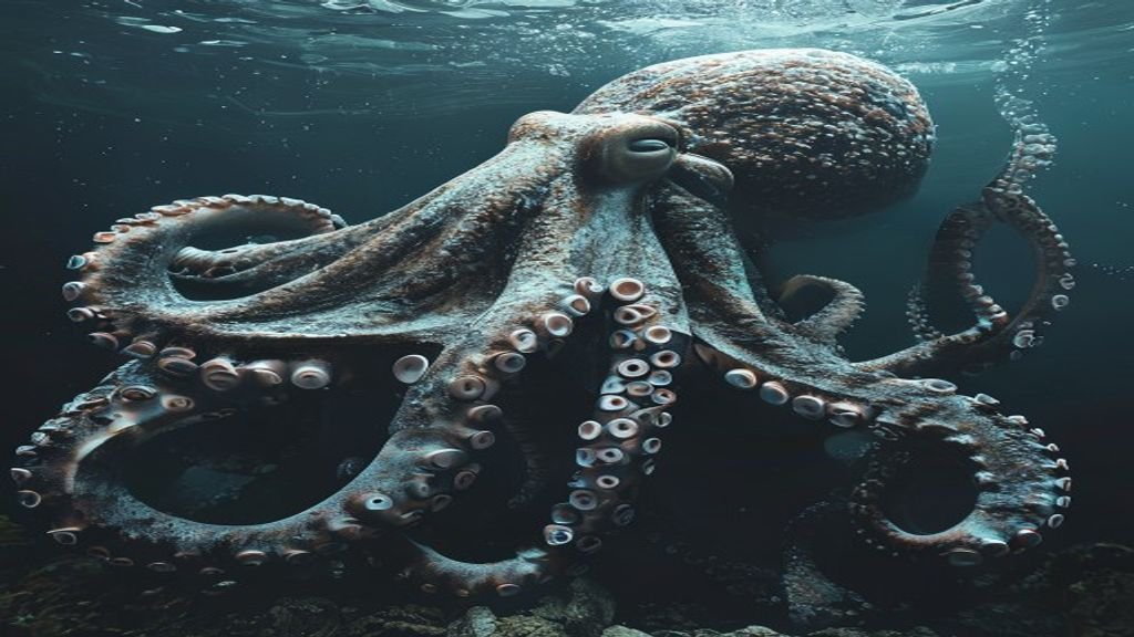Cefalópodo gigante misterioso en las profundidades abisales, posiblemente influenciado por terremotos submarinos.