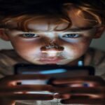 Joven de la Generación Alfa experimentando ansiedad digital frente a la pantalla de un smartphone, reflejando el impacto de tendencias virales como el juego de los espejos gemelos en TikTok.