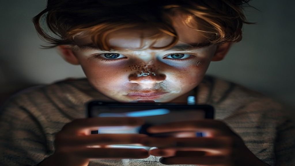 Joven de la Generación Alfa experimentando ansiedad digital frente a la pantalla de un smartphone, reflejando el impacto de tendencias virales como el juego de los espejos gemelos en TikTok.