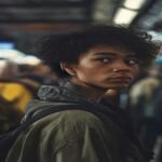 Persona en entorno urbano moderno, expresión reflexiva, privacidad y observación en la ciudad.