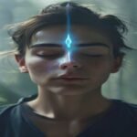 Persona en meditación profunda con luz índigo emanando del tercer ojo, simbolizando la conexión espiritual y la introspección.