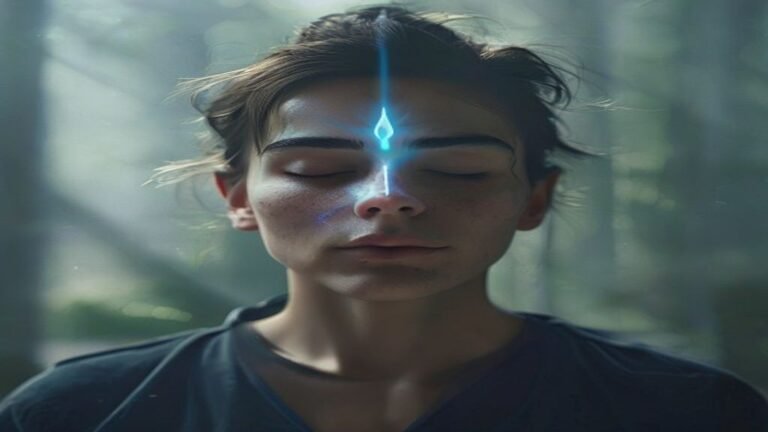 Persona en meditación profunda con luz índigo emanando del tercer ojo, simbolizando la conexión espiritual y la introspección.