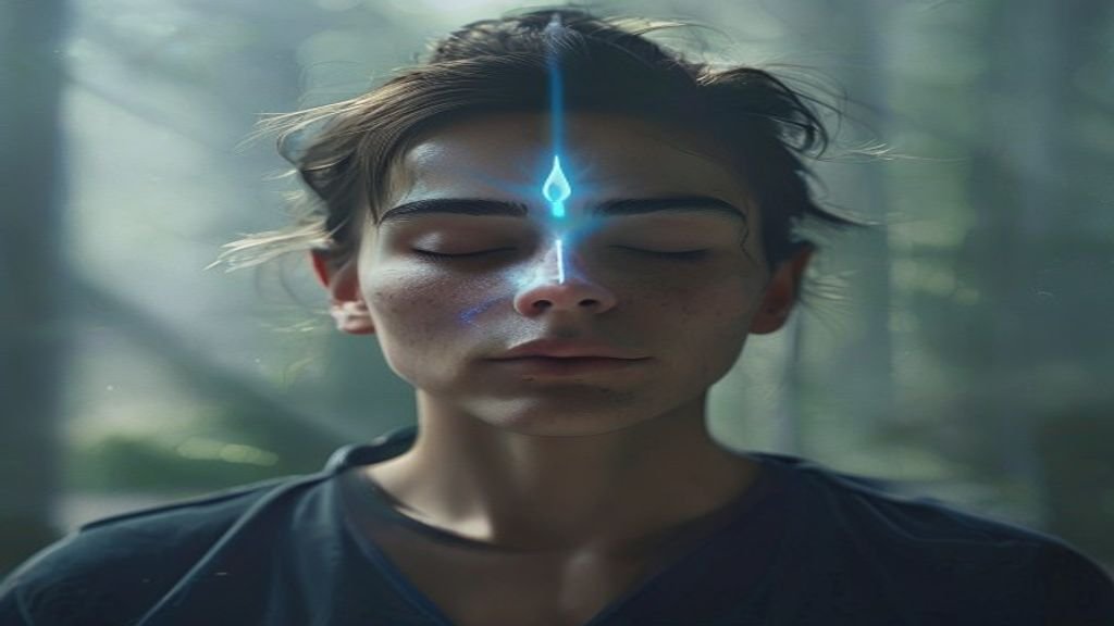 Persona en meditación profunda con luz índigo emanando del tercer ojo, simbolizando la conexión espiritual y la introspección.