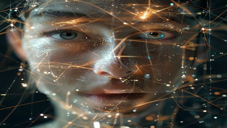 Representación visual de la interacción entre la identidad humana y el mundo digital, con un rostro humanoide emergiendo de una red de datos.