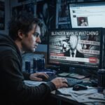 Un joven obsesionado mira múltiples pantallas de ordenador en una habitación oscura, mostrando contenido de creepypastas y noticias