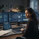 Una persona analiza herramientas de verificación de datos y noticias en múltiples pantallas en un entorno de trabajo digital.