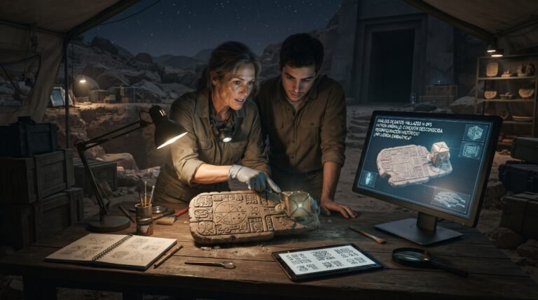 Dos arqueólogos examinan un misterioso artefacto antiguo que combina tallas de piedra y un objeto metálico brillante en una tienda de campaña de excavación.
