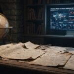 Pergaminos antiguos con profecías y un globo terráqueo sobre una mesa de estudio, con pantallas digitales mostrando crisis globales de fondo.