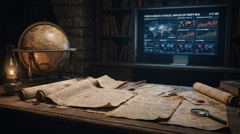 Pergaminos antiguos con profecías y un globo terráqueo sobre una mesa de estudio, con pantallas digitales mostrando crisis globales de fondo.