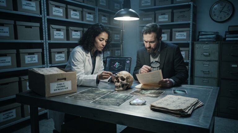 Dos forenses analizan un cráneo y documentos antiguos en un archivo frío, iluminados por una lámpara de escritorio.