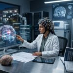 Una neurocientífica con un casco de EEG analiza un mapa cerebral complejo en una pantalla, mientras su colega revisa un diario titulado "Neurociencia de la Parapsicología".