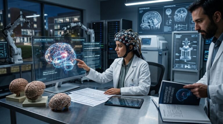 Una neurocientífica con un casco de EEG analiza un mapa cerebral complejo en una pantalla, mientras su colega revisa un diario titulado "Neurociencia de la Parapsicología".