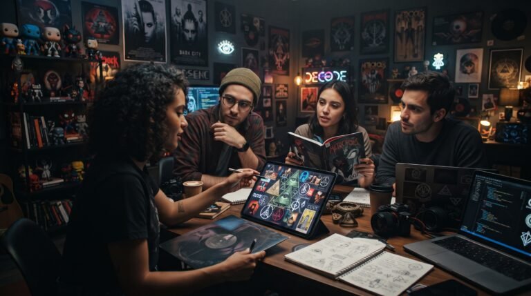 Cuatro jóvenes analizan símbolos ocultos y arquetipos en una mesa llena de parafernalia de cultura pop y arte esotérico.