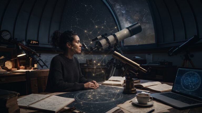 Una astrónoma observa el cielo nocturno estrellado desde un observatorio, con una red de luz sutil que conecta las estrellas y los mapas estelares en su escritorio.