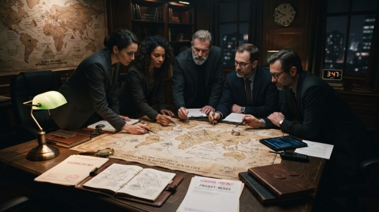Analistas geopolíticos revisan mapas estratégicos y documentos confidenciales con símbolos esotéricos en una sala de juntas tenuemente iluminada.