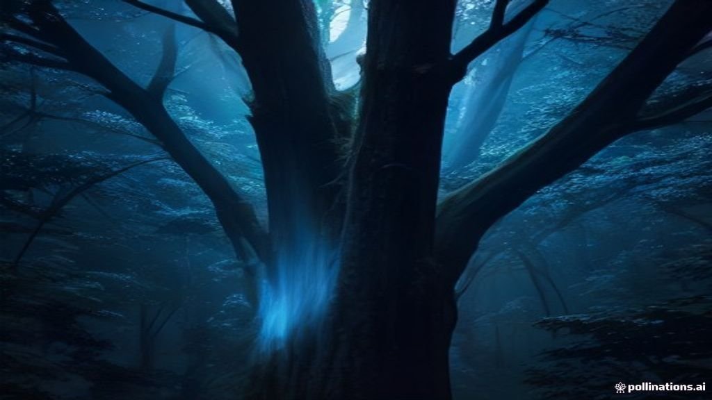 Dron metálico avanzado con luces azules flotando en un claro de bosque al amanecer.