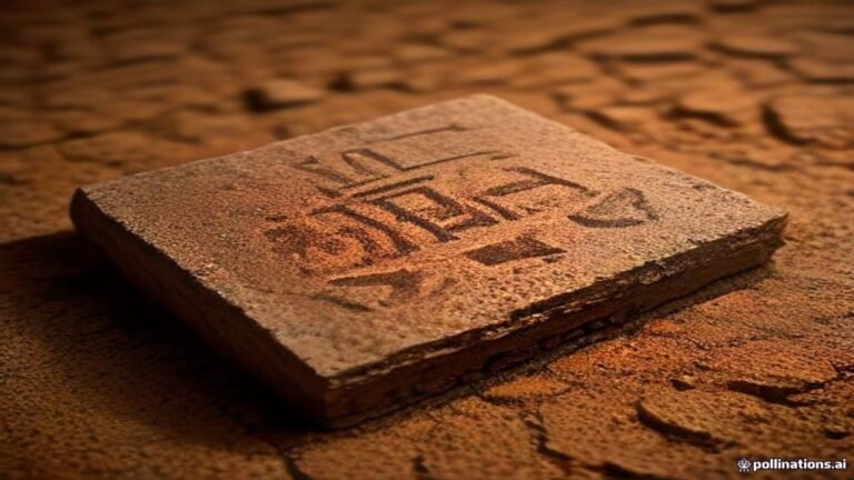 Fragmento de una tableta de piedra antigua con símbolos geométricos en un sitio arqueológico, junto a herramientas de bronce y un complejo mecanismo de engranajes metálicos.