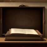 Libro antiguo abierto con símbolos astrológicos y escritura manuscrita, junto a una pluma, tintero y astrolabio sobre una mesa de madera.