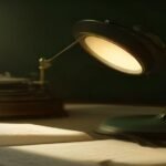 Lupa de latón reposando sobre páginas de prensa escrita junto a una máquina de escribir clásica en escritorio de madera.