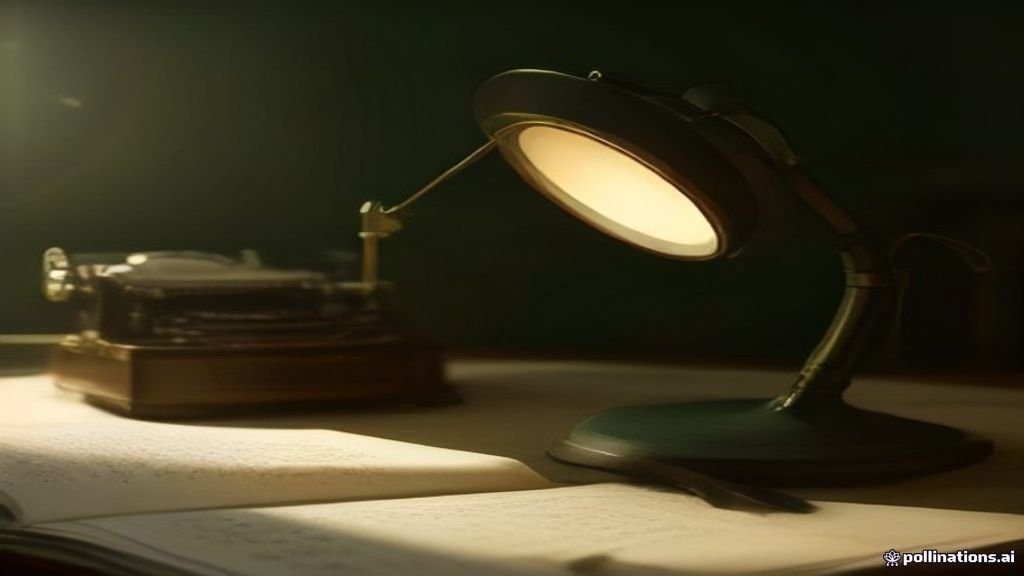 Lupa de latón reposando sobre páginas de prensa escrita junto a una máquina de escribir clásica en escritorio de madera.