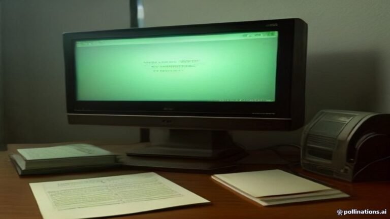 Escritorio antiguo de madera con monitor clásico encendido, carpetas de archivo y una lupa bajo iluminación tenue de lámpara.
